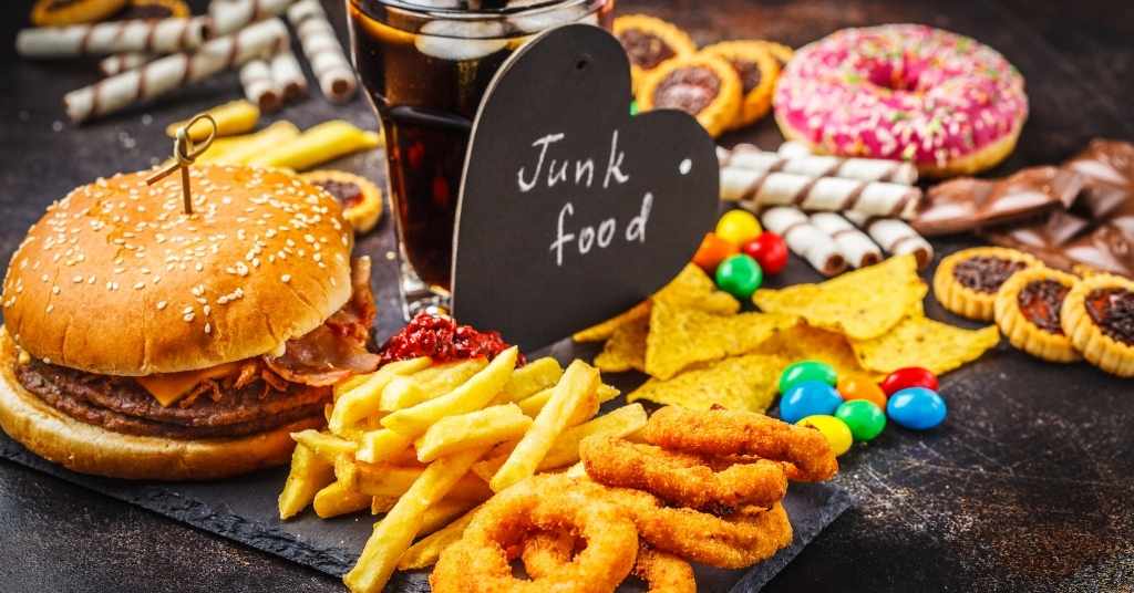 unhealthy junk food burger and chips