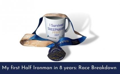 sheephaven half ironman finisher medal and mug feature img